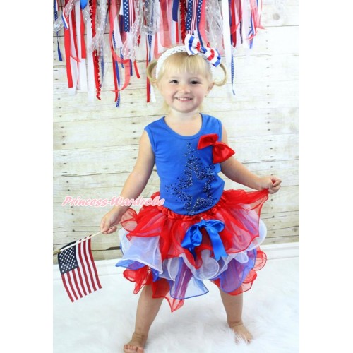 American's Birthday Royal Blue Baby Pettitop with Red Silk Bow & Sparkle Crystal Glitter Star Print with Royal Blue Bow Red White Blue Petal Baby Pettiskirt NG1531